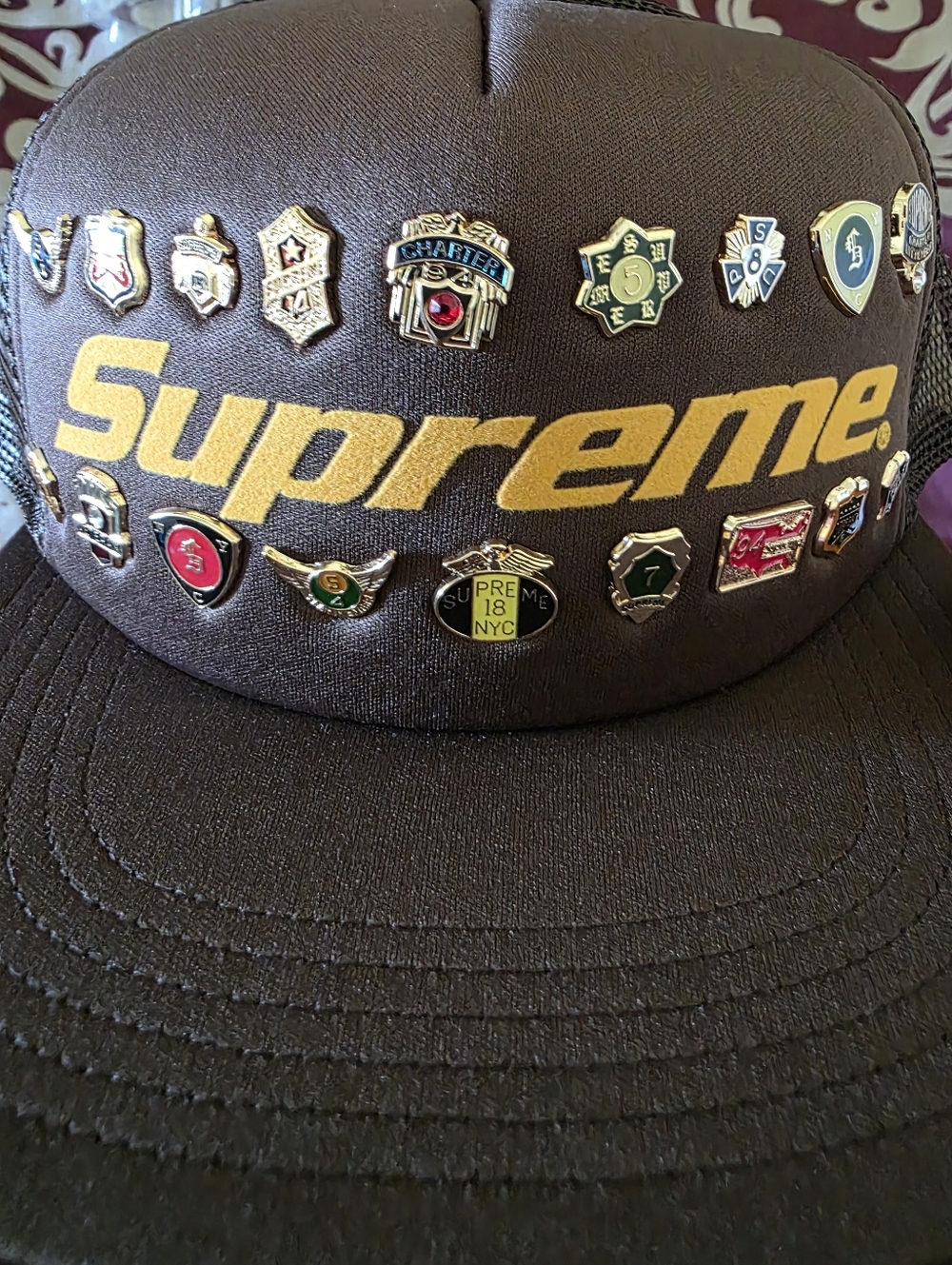 Supreme Brown Trucker Hat with Gold Logo and Pin Badges - Picture 4 of 5